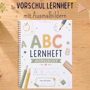 Pode incluir: Um caderno de espiral intitulado VORSCHUL LERNHEFT mit Ausmalbildern. A capa branca apresenta letras ABC grandes em tons pastel, uma letra A pontilhada, uma ilustração de maçã, uma régua e um lápis. O texto diz VORSCHUL LERNHEFT mit Ausmalbildern.