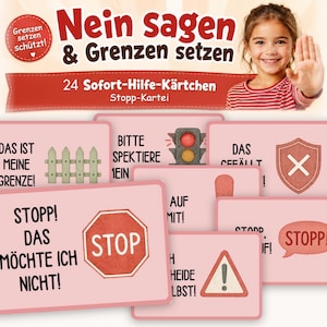 Könnte beinhalten: Ein Set aus 24 Lernkarten mit dem Titel Nein sagen & Grenzen setzen, gestaltet in Rosa mit verschiedenen Stoppschildern, Ampeln und Warnsymbolen. Die Karten enthalten deutschen Text wie Stopp! Das möchte ich nicht! und Das ist meine Grenze!, um Kindern das Setzen von persönlichen Grenzen zu vermitteln.