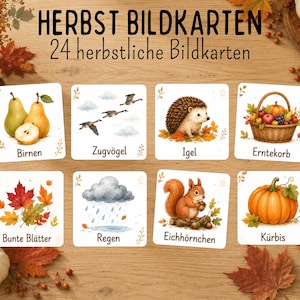 Könnte beinhalten: Ein Set aus 24 quadratischen Karten mit der Überschrift HERBST BILDKARTEN, die Aquarellillustrationen herbstlicher Motive wie Birnen, Zugvögel, einen Igel, einen Erntekorb, bunte Blätter, Regen, ein Eichhörnchen und einen Kürbis mit deutschen Textbeschriftungen zeigen.