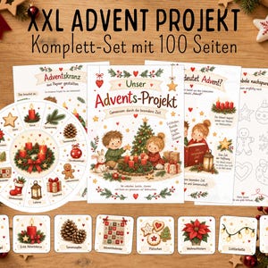 Könnte beinhalten: Ein 100-seitiges Weihnachts-Aktivitätsset mit dem Titel XXL ADVENT PROJEKT. Das Set enthält illustrierte Arbeitsblätter, eine kreisförmige Adventskranz-Grafik und einzelne Karten mit weihnachtlichen Motiven wie Kerzen, Tannenzapfen und Sternen.