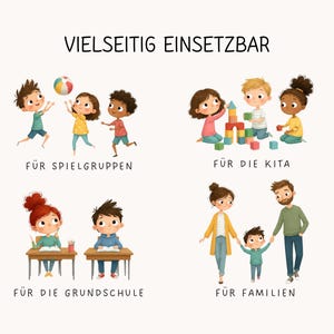 May include: A digital illustration featuring four scenes of children and adults with the text VIELSEITIG EINSETZBAR, F&Uuml;R SPIELGRUPPEN, F&Uuml;R DIE KITA, F&Uuml;R DIE GRUNDSCHULE, and F&Uuml;R FAMILIEN. The scenes depict group play, building blocks, classroom study, and family walking.