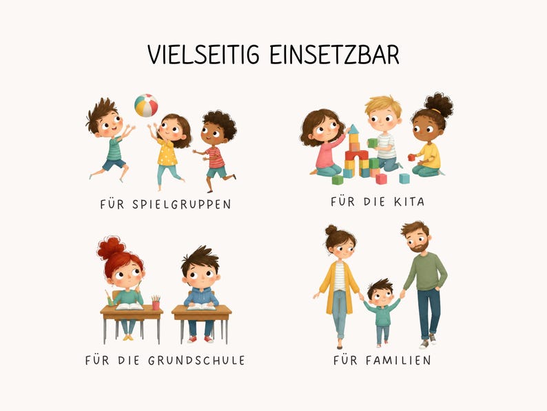 May include: A digital illustration featuring four scenes of children and adults with the text VIELSEITIG EINSETZBAR, F&Uuml;R SPIELGRUPPEN, F&Uuml;R DIE KITA, F&Uuml;R DIE GRUNDSCHULE, and F&Uuml;R FAMILIEN. The scenes depict group play, building blocks, classroom study, and family walking.