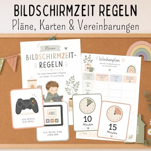 May include: A set of educational screen time rule charts and cards featuring German text including BILDSCHIRMZEIT REGELN, Pläne, Karten & Vereinbarungen, Meine BILDSCHIRMZEIT-REGELN, Wochenplan, Ich spiele ein Spiel, Ich nutze eine Lern-App, 10 Minuten, and 15 Minuten.