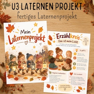 以下が含まれることがあります： U3 LATERNEN PROJEKTおよびErzählkreisと題された2枚の教育用アクティビティシート。1枚目にはランタンと秋の葉を持つ子供たちが描かれています。2枚目には、テキストとイラストでサークルタイムのアクティビティの手順が記載されています。