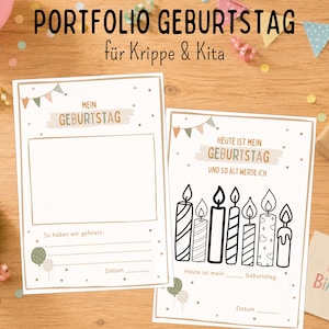 Peut inclure: Deux feuilles de portfolio d'anniversaire rectangulaires blanches avec des bordures marron. La feuille de gauche porte le texte MEIN GEBURTSTAG et So haben wir gefeiert. La feuille de droite affiche le texte HEUTE IST MEIN GEBURTSTAG UND SO ALT WERDE ICH avec sept bougies illustrées.