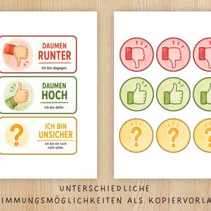 May include: A printable sheet featuring rectangular and circular stickers with thumbs down, thumbs up, and question mark icons in red, green, and yellow. The text includes DAUMEN RUNTER, DAUMEN HOCH, ICH BIN UNSICHER, and UNTERSCHIEDLICHE ABSTIMMUNGSM&Ouml;GLICHKEITEN ALS KOPIERVORLAGEN.