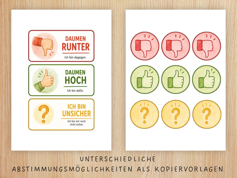 May include: A printable sheet featuring rectangular and circular stickers with thumbs down, thumbs up, and question mark icons in red, green, and yellow. The text includes DAUMEN RUNTER, DAUMEN HOCH, ICH BIN UNSICHER, and UNTERSCHIEDLICHE ABSTIMMUNGSM&Ouml;GLICHKEITEN ALS KOPIERVORLAGEN.