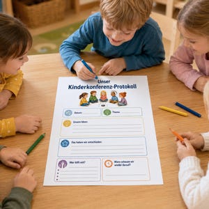 May include: A white paper document titled Unser Kinderkonferenz-Protokoll featuring a colourful illustration of children sitting in a circle. The form includes sections for date, theme, ideas, decisions, helpers, and follow-up times with various icons.