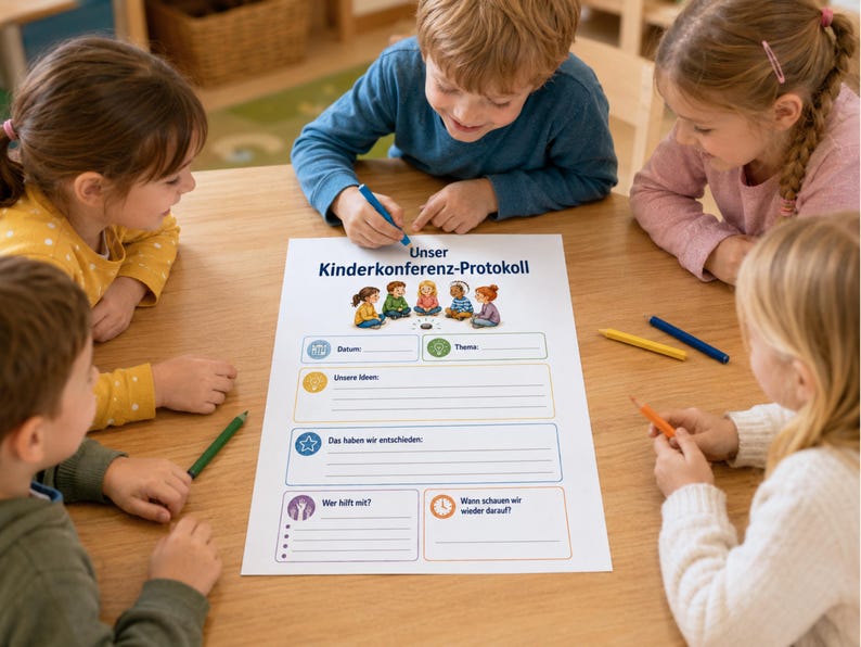 May include: A white paper document titled Unser Kinderkonferenz-Protokoll featuring a colourful illustration of children sitting in a circle. The form includes sections for date, theme, ideas, decisions, helpers, and follow-up times with various icons.