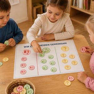 May include: A rectangular educational game board with the text WIR E. HEIDEN GEMEINSAM, featuring three columns with red, green, and yellow sections. The board includes circular tokens with thumbs-up, thumbs-down, and question mark icons.