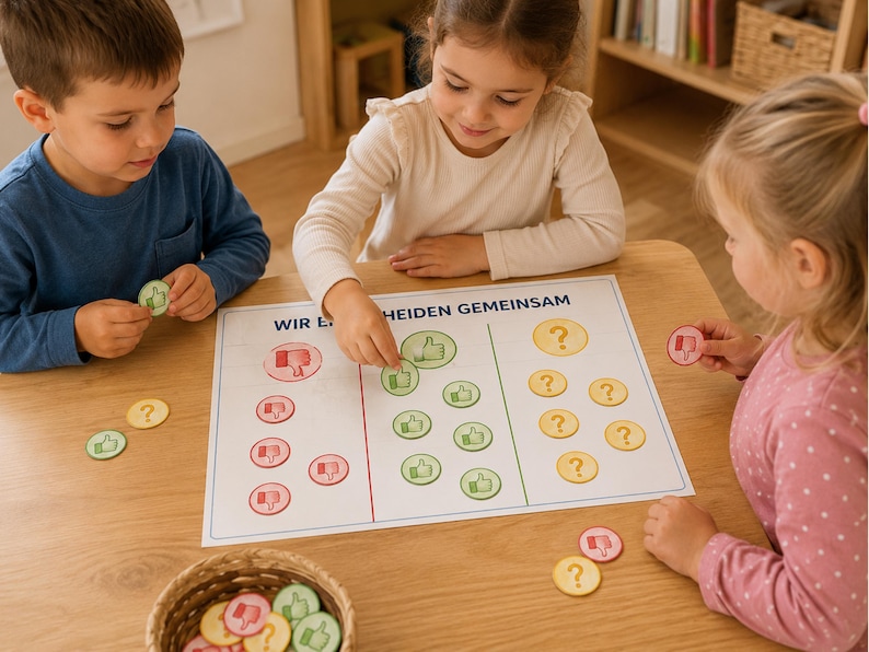 May include: A rectangular educational game board with the text WIR E. HEIDEN GEMEINSAM, featuring three columns with red, green, and yellow sections. The board includes circular tokens with thumbs-up, thumbs-down, and question mark icons.