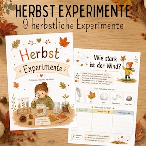 Könnte beinhalten: Zwei pädagogische Arbeitsblätter mit dem Titel Herbst Experimente, die ein Kind bei wissenschaftlichen Experimenten mit Herbstblättern, Reagenzgläsern und Gläsern zeigen, umgeben von herbstlichem Laub und Kürbissen.