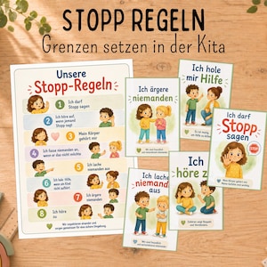 Könnte beinhalten: Ein Set aus pädagogischen Postern mit dem Titel Stopp Regeln, die Illustrationen von interagierenden Kindern zeigen. Das Hauptposter listet acht Regeln mit nummerierten Schritten und deutschem Text auf. Fünf kleinere Karten zeigen einzelne Regeln mit Zeichentrickfiguren, die soziale Grenzen und positives Verhalten veranschaulichen.