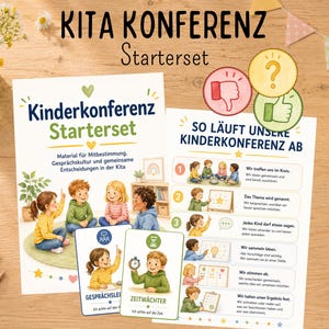 Könnte beinhalten: Ein Kita Konferenz Starterset mit zwei gedruckten Anleitungen und zwei Rollenkarten. Die Materialien zeigen Illustrationen von Kindern in einer Gruppe, deutschen Text sowie Symbole wie einen Daumen hoch, einen Daumen runter und ein Fragezeichen.