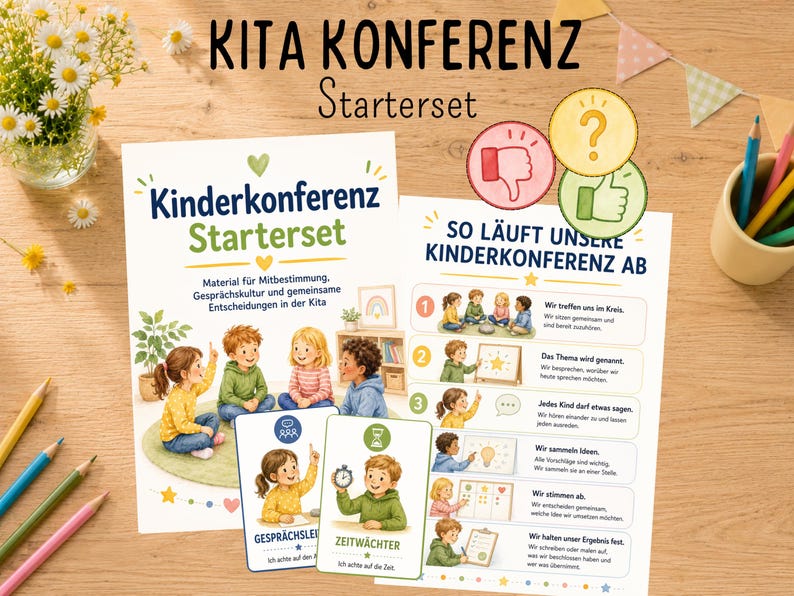 May include: A Kita Konferenz Starterset educational kit featuring two printed guides and two role cards. The materials display illustrations of children in a group setting, German text, and icons including a thumbs up, thumbs down, and question mark.