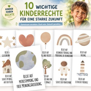 Könnte beinhalten: Ein Set aus zehn Lernkarten mit Illustrationen und deutschem Text zu Kinderrechten. Jede Karte zeigt ein einzigartiges Symbol wie einen Stern, ein Herz, einen Ballon, einen Regenbogen, einen Planeten, ein Haus, eine Weltkugel oder einen Leuchtturm.