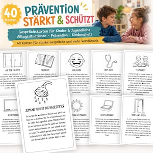 Könnte beinhalten: Ein Set aus 40 weißen Karten mit dem Titel Prävention Stärkt & Schützt, die schwarz-weiße Strichzeichnungen und deutsche Texte enthalten, welche verschiedene soziale Situationen für Kinder und Jugendliche zur Förderung von Gesprächen beschreiben.