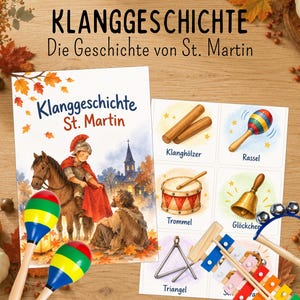 May include: A Klanggeschichte St. Martin educational card set featuring a storybook cover with a soldier on horseback and a beggar, alongside a reference sheet with illustrations of a maraca, drum, bell, triangle, and xylophone.