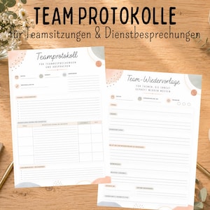 Op de afbeelding: Twee witte vellen papier met zwarte tekst en zachte perzikkleurige en blauwe abstracte vormen. Het linkerblad is getiteld Teamprotokoll en het rechterblad Team-Wiedervorlage. Beide bevatten gelinieerde secties voor notities, datums en taken.