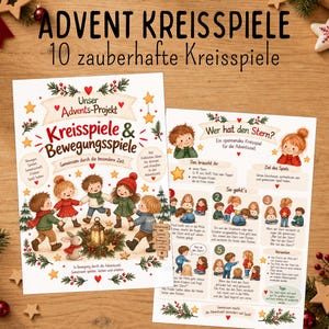 Puede incluir: Dos hojas de actividades impresas tituladas ADVENT KREISSPIELE y Wer hat den Stern? con ilustraciones coloridas de niños jugando en círculo, una linterna y un conejo, junto con instrucciones en alemán para juegos grupales.