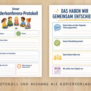 May include: Two white paper forms with German text and colourful icons. The left form is titled Unser Kinderkonferenz-Protokoll with an illustration of five children. The right form is titled Das haben wir gemeinsam entschieden with various fillable sections.