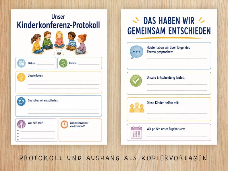 May include: Two white paper forms with German text and colourful icons. The left form is titled Unser Kinderkonferenz-Protokoll with an illustration of five children. The right form is titled Das haben wir gemeinsam entschieden with various fillable sections.