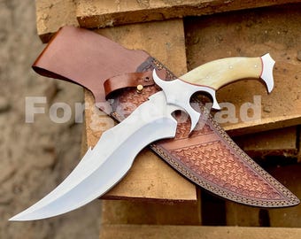 Stainless Steel Hunting Knife: Camel Bone Handle, Leather Sheath