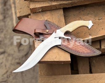 Stainless Steel Hunting Knife: Camel Bone Handle, Leather Sheath