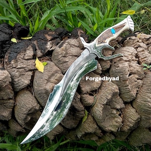 Handmade 12C27 Steel Hunting Knife: Antler & Camel Bone Handle, Turquoise Inlay