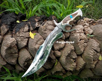 Handmade 12C27 Steel Hunting Knife: Antler & Camel Bone Handle, Turquoise Inlay