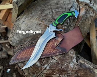 Handmade  Stainless Steel Hunting Knife: Green Micarta Handle, Leather Sheath