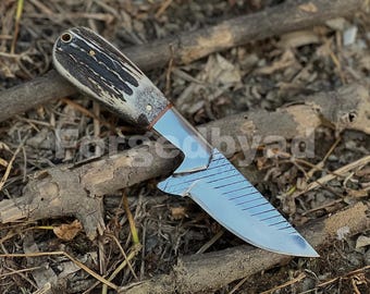 Handmade Damascus Skinner Knife | Custom Antler Handle | With Leather Sheath Bushcraft, Camping,Gift