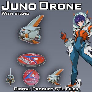 May include: Digital product STL files featuring a futuristic drone design with orange and white accents, a stand, and a stylized illustration of a character in an orange and blue spacesuit. The text "JUNO DRONE" and "PROJECT RED PROMISE" are visible.