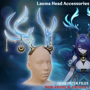 Puede incluir: Un accesorio para la cabeza Lauma azul claro con un diseño de cuerno de ciervo. La diadema presenta una banda dorada y colgantes decorativos. La imagen también incluye el texto "Lauma Head Accessories", "3D Printer Files" y "NON-PHISICAL PRODUCT".