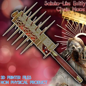 Könnte beinhalten: Detaillierte Abbildung einer Kettenstreitkolben mit dem Text "Sakuko-Like Entity Chain Mace". Der Streitkolben hat einen rechteckigen Kopf mit Stacheln, aufwendigen Golddetails und einem roten Innenraum. Der Griff ist braun mit goldenen Akzenten. Der Text "3D Printer Files NON PHYSICAL PRODUCT" ist ebenfalls enthalten.