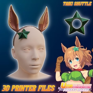 Puede incluir: Una diadema con orejas de conejo marrones y beige y una estrella verde. La imagen también incluye un accesorio en forma de estrella verde y un personaje de dibujos animados con características similares. El texto de la imagen dice "TAIKI SHUTTLE" y "3D PRINTER FILES".