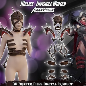 Può includere: Un'immagine digitale di accessori per la stampa 3D. Gli accessori includono un copricapo, un'armatura per le spalle, un'armatura per il petto e altri componenti. Il testo recita "Malice-Invisible Woman Accessories" e "3D Printer Files Digital Product."