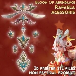 Può includere: Immagine digitale con motivi floreali dorati con accenti turchesi. Il testo "BLOOM OF ABUNDANCE RAFAELA ACESSORIS" e "3D PRINTER STL FILES NON PHYSICAL PRODUCT" è incluso. Probabilmente file per la stampa 3D.