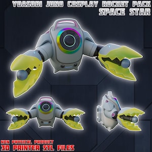 May include: A Yoasobi Juno cosplay rocket pack space star 3D printer STL file. The object is a light gray robotic device with two large yellow serrated claws, each holding a small microphone. It features a rainbow-colored circular accent.
