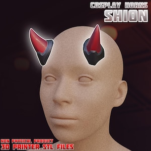 May include: A pair of red and black pointed cosplay horns positioned on a neutral-toned mannequin head. The text COSPLAY HORNS SHION is visible at the top right, and the text NON PHYSICAL PRODUCT 3D PRINTER STL FILES is at the bottom left.