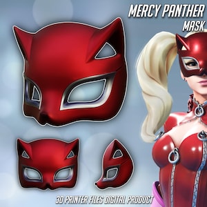 May include: A red Mercy Panther mask with silver trim around the eye openings. The mask has cat-like ears and is displayed in multiple views. Text on the image reads "MERCY PANTHER MASK" and "3D PRINTER FILES DIGITAL PRODUCT."