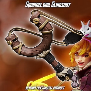 May include: A brown wooden slingshot with gold detailing and a black pouch. The text "SQUIRREL GIRL SLINGSHOT" is at the top, and "3D PRINT FILES DIGITAL PRODUCT" is at the bottom.