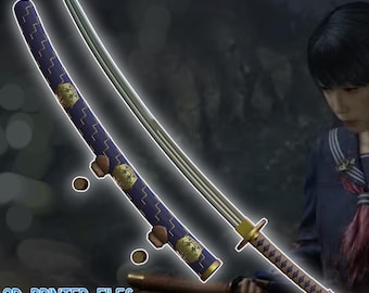 May include: A katana sword with a silver blade and a purple and gold handle and sheath. The sheath has gold accents and a decorative design. The text "Scared Blade" is at the top. The text "3D Printer Files Non Physical Product" is at the bottom.