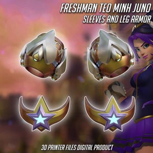 May include: Digital product featuring 3D-printed armor pieces. The image displays two sets of gold and silver-colored sleeve armor and leg armor with star-shaped accents. Text at the top reads "FRESHMAN TEO MINH JUNO SLEEVES AND LEG ARMOR".