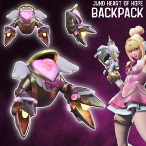 Op de afbeelding: Een goud-roze rugzakontwerp met een hartvormig midden, engelen vleugels en de tekst "JUNO HEART OF HOPE BACKPACK". De rugzak heeft een strikje en maakt deel uit van een fantasie-productlijn.