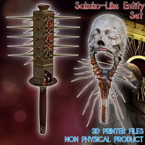 May include: A digital art piece featuring a spiked, ornate mace with a wooden handle and a grotesque, skeletal entity. The mace is gold and brown, with red accents. The text reads "Sakuko-Like Entity Set" and "3D Printer Files NON PHYSICAL PRODUCT."
