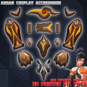 Puede incluir: Conjunto de accesorios de cosplay en marrón y naranja, con piezas de armadura y elementos decorativos. El texto "ANRAN COSPLAY ACCESSORIES" y "NON PHYSICAL PRODUCT 3D PRINTER STL FILES" se muestra en la imagen.