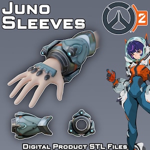 May include: Image of "Juno Sleeves" digital product STL files. The image shows a detailed 3D model of a futuristic arm sleeve in shades of blue, gray, and orange. The design includes intricate details and a sleek, technological aesthetic, with the Overwatch 2 logo.
