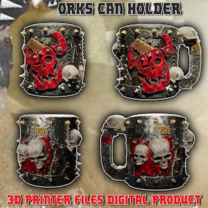 May include: Four mugs with a skull and spike design. The mugs are black with red and gold accents. The text "ORKS CAN HOLDER" and "3D PRINTER FILES DIGITAL PRODUCT" are visible.