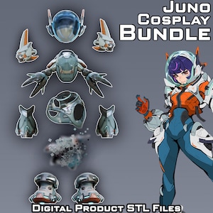 May include: A digital cosplay bundle featuring various components, including a helmet, shoulder pieces, and a chest piece. The image also showcases a character in a futuristic outfit with orange and blue accents. Text on the image reads "JUNO COSPLAY BUNDLE" and "DIGITAL PRODUCT STL FILES."